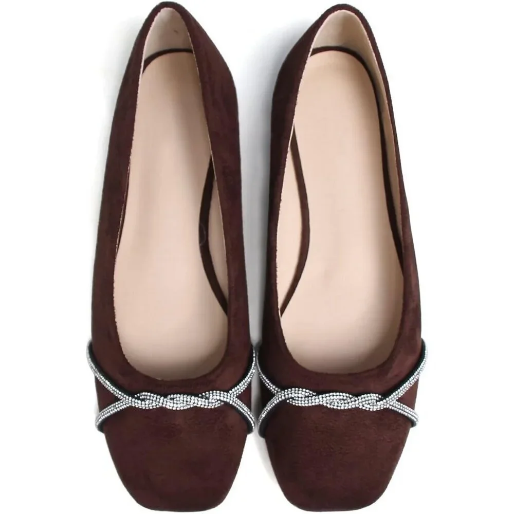 Women's Brown Suede Casual Fashion Chain Pointed Toe Ballet Flat Rhinestone